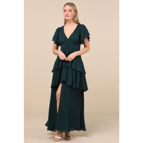 NWT Lulus Midnight Mood Emerald Green Tiered Maxi Dress Wedding Bridesmaid Sz XL - Picture 1 of 8